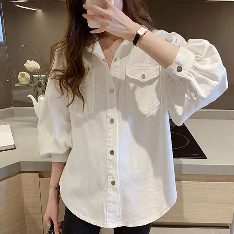 Women\'s Autumn Fashion Simplicity Solid Color Polo Collar Long Sleeve Shirts Women Clothes Casual Elegant All-match Loose Tops