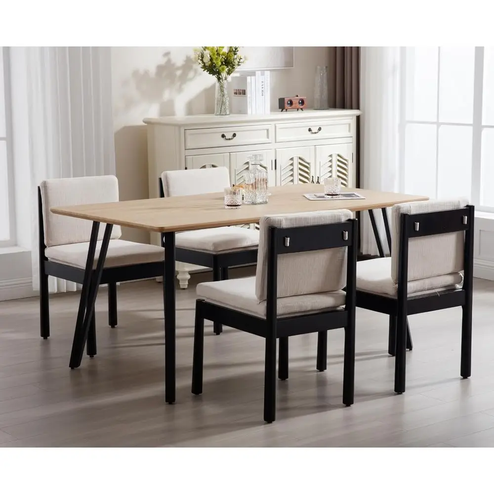 

Upholstered Dining Chairs Set of 4, Black Wooden Chairs with Beige Linen Cushions for Dining Room or Restaurant