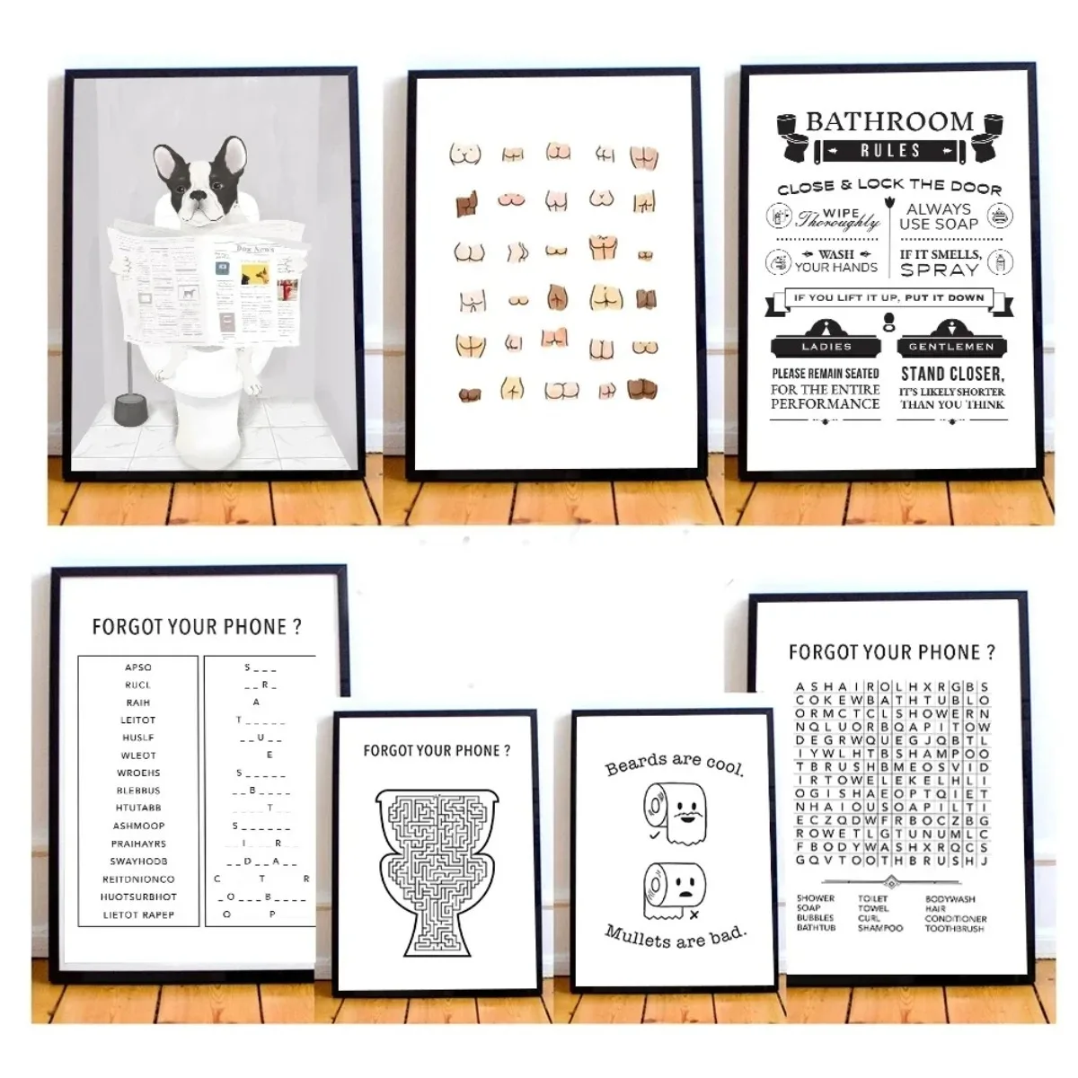 Nordic Simple Funny Wall Art French Bulldog Toilet Funny Bathroom HD Canvas Poster Print Home Bedroom Living Room Decor