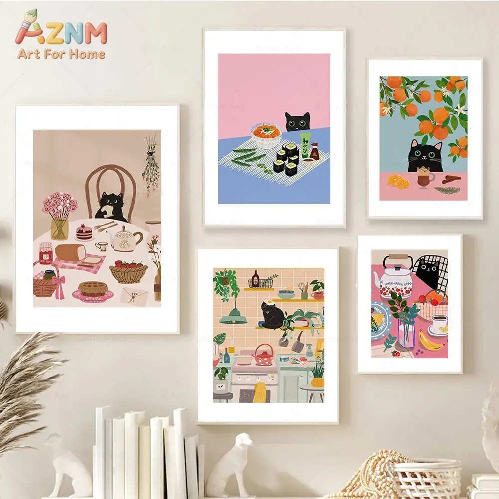 AZNM Cute Black Cat Kitchen Canvas Wall Art Food Fruit Sushi Tea Time Colorful Illustration Print Frameless Canvas Painting Dini