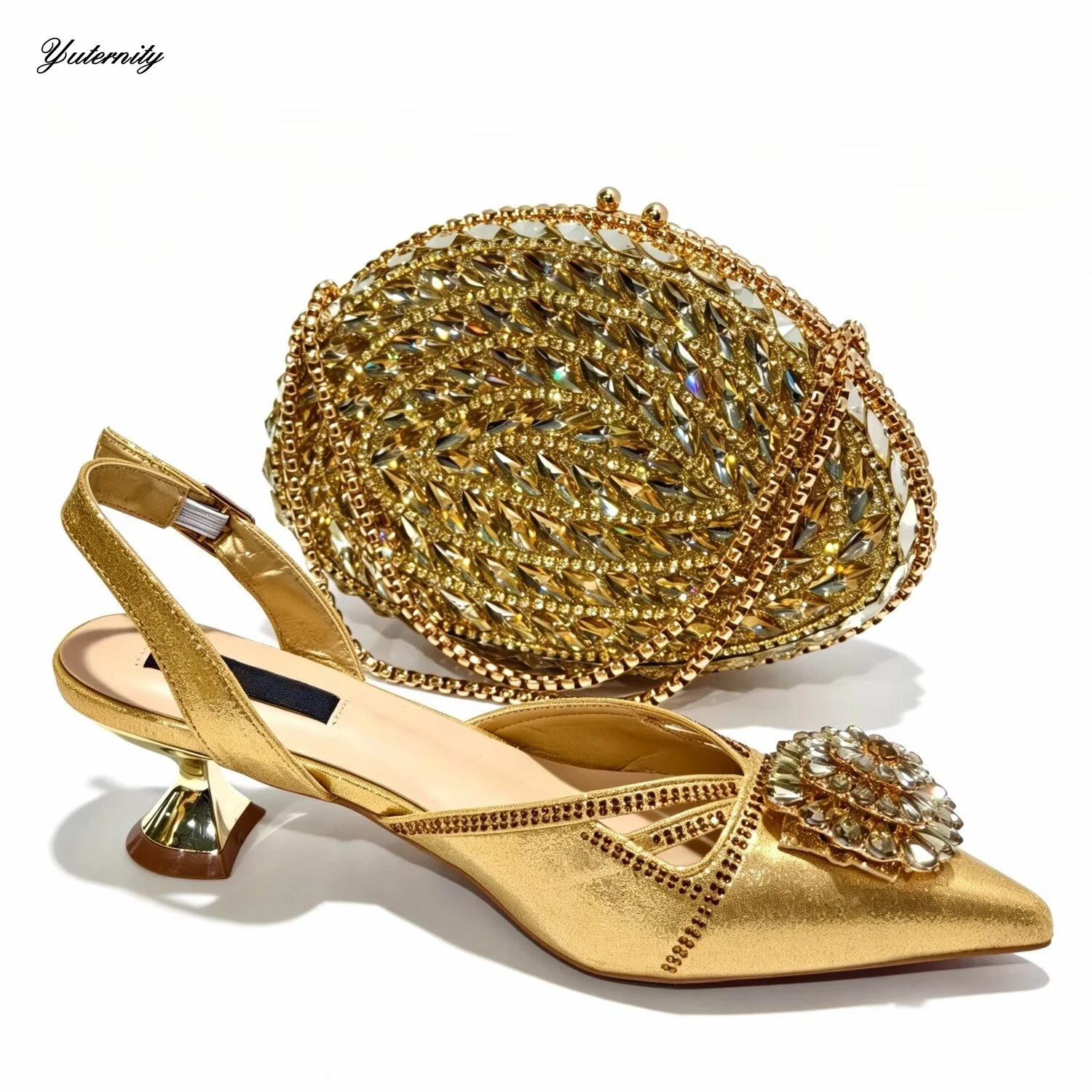 New Arrival Rhinestone Women Gold Color Pumps Shoes And Bag Set Nigerian Summer High Heels Shoes And Bag Set For Wedding