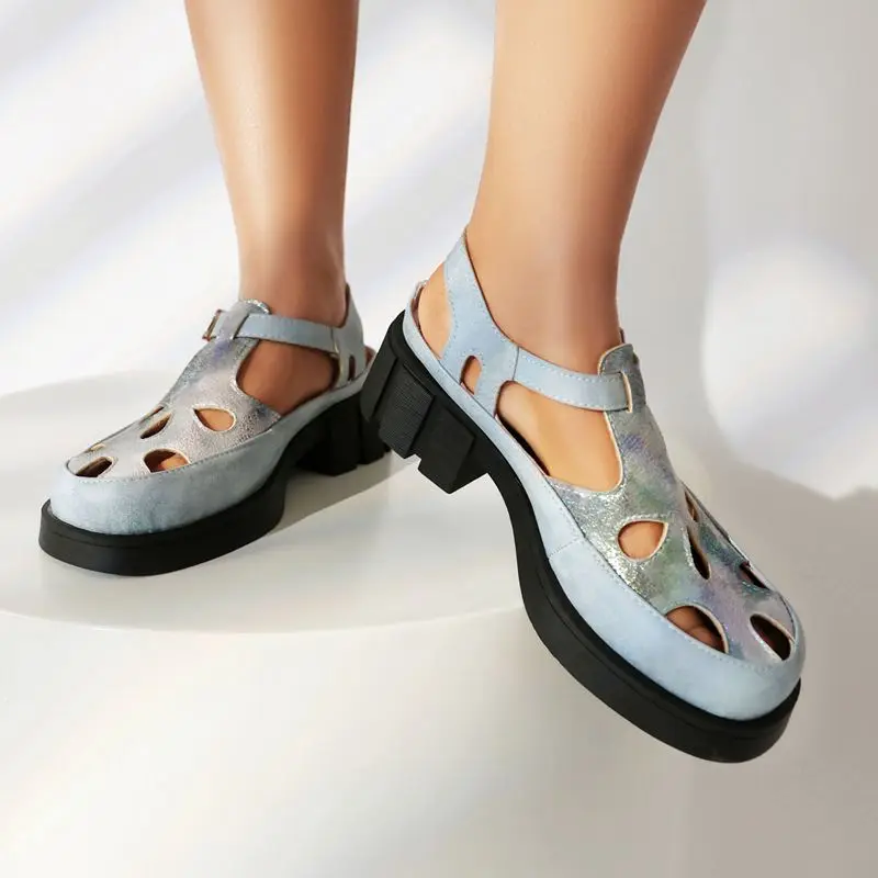 REAVE CAT 2024 Net Summer School Girls Sandals Platform Thick Heels 4cm T-strap Size 42 43 Mixed Color Shoes