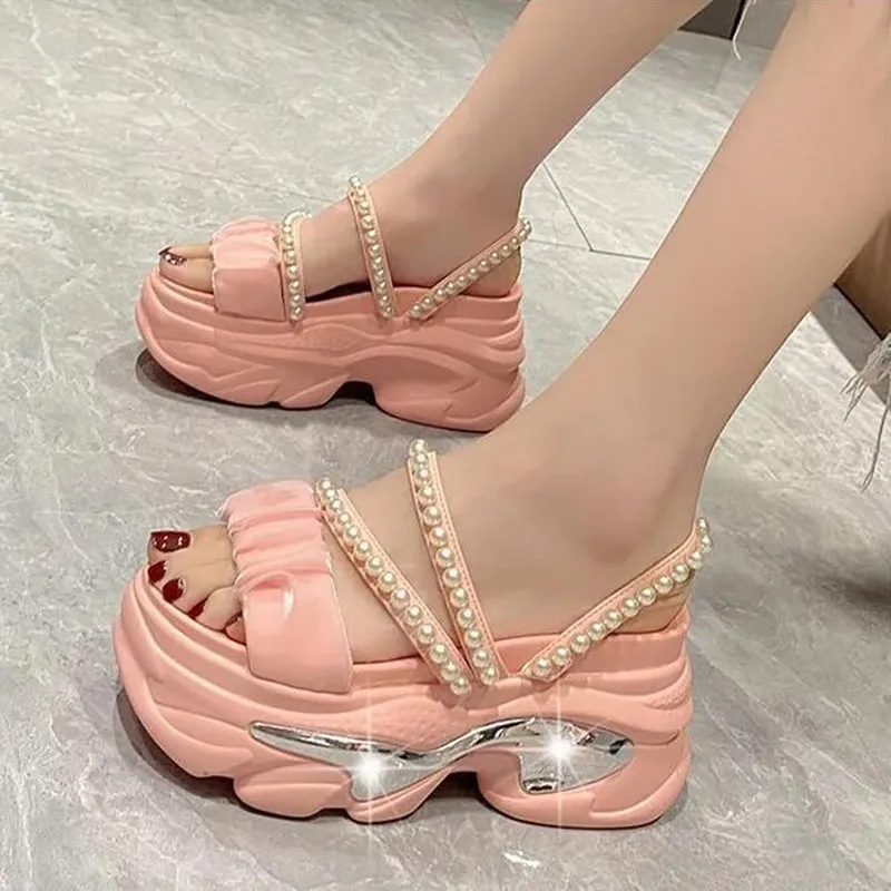 Zomer Platform Bling Sandalen Vrouwen Ademende Wiggen Hoge Hakken Dames String Kraal Strand Slippers Dikke Schoenen Sandalias Mujer