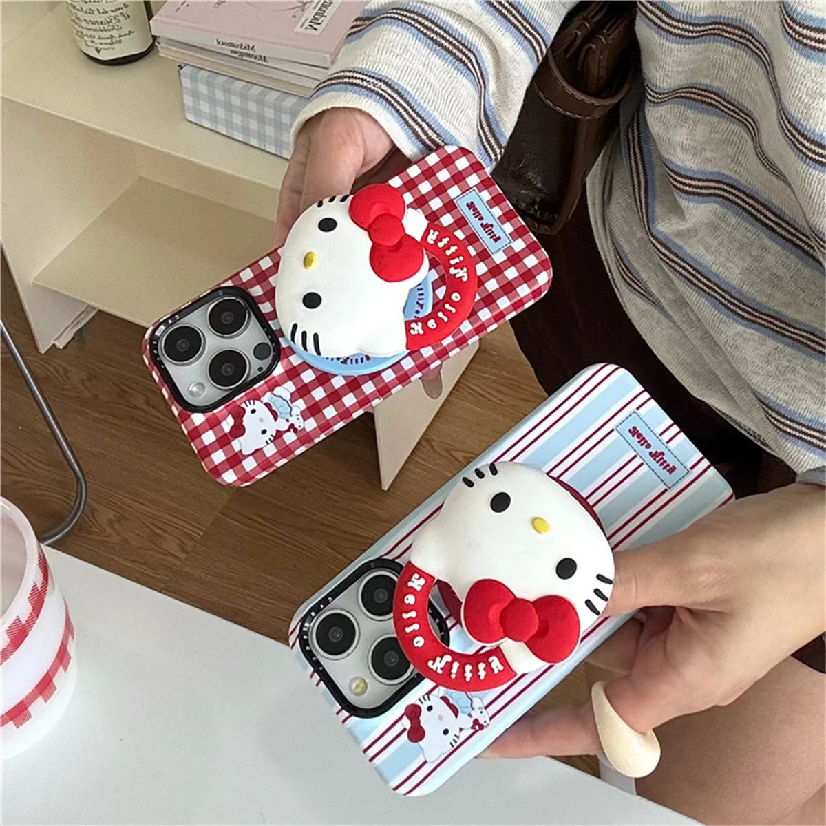 

Fashion Korean Cute Stripe Magnetic Phone Case For iPhone 16 Pro 15 14 Pro Max Cover with Hello Kitty Holder For Magsafe