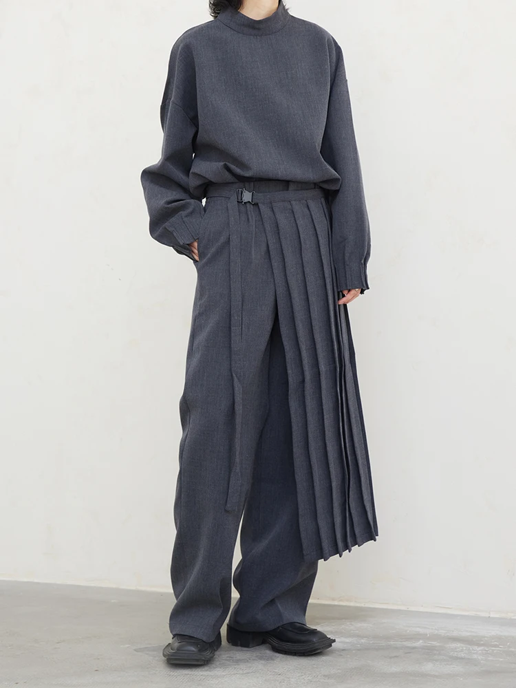 [EAM] Pleated Sweatshirt Wide Leg Pants Three Piece Suit New Round Neck Long Sleeve Women Fashion Spring Autumn 2024 1DH1410