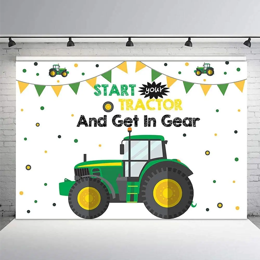 

Tractor Birthday Party Photography Backdrop Props Boy Start Put It In Gear Green Background Photo Banner for Cake Table Supplies