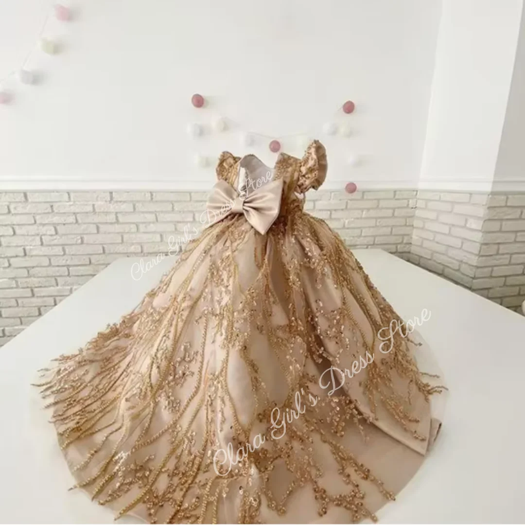 Champagne Flower Girl Dress For Wedding Sparkling Sequins Ball Gowns Girls Cute Birthday  Dress Customized