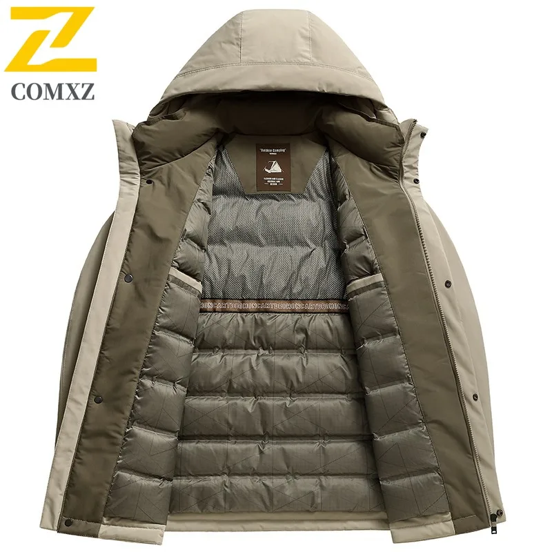 COMXZ-Chaqueta de plumón para hombre, abrigo informal con capucha para aventura al aire libre, resistente al frío, estilo callejero, prenda ligera de otoño e invierno