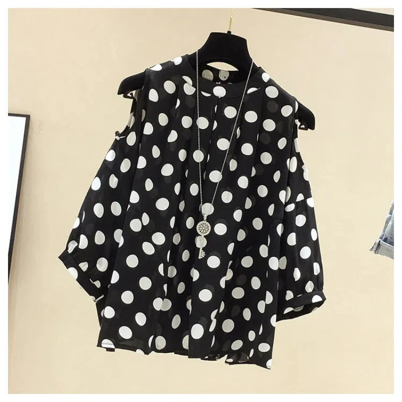 Polka Dot Off Shoulder Loose Blouse Summer New Short Sleeve Plus Size All-match Casual Shirt Tops Vintage Elegant Women Clothing