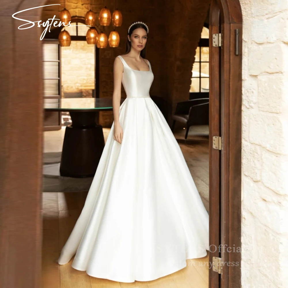 SSYTENS Customized Elegant Simple Square Collar Wedding Dress for Women Solid Satin A-Line Backless Bride Gown Vestidos De Novia