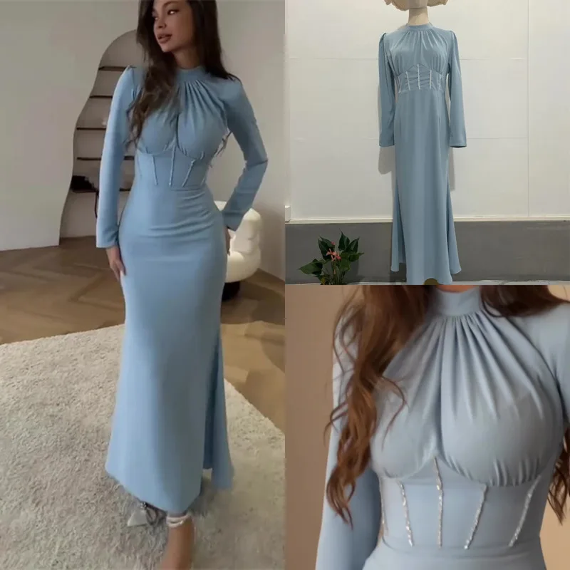 

Temperament Solid Color Pleated Long Sleeved Dress Chic Slit Irregular Long Dress Fashion Women's Slim Fit Banquet Evening Gown