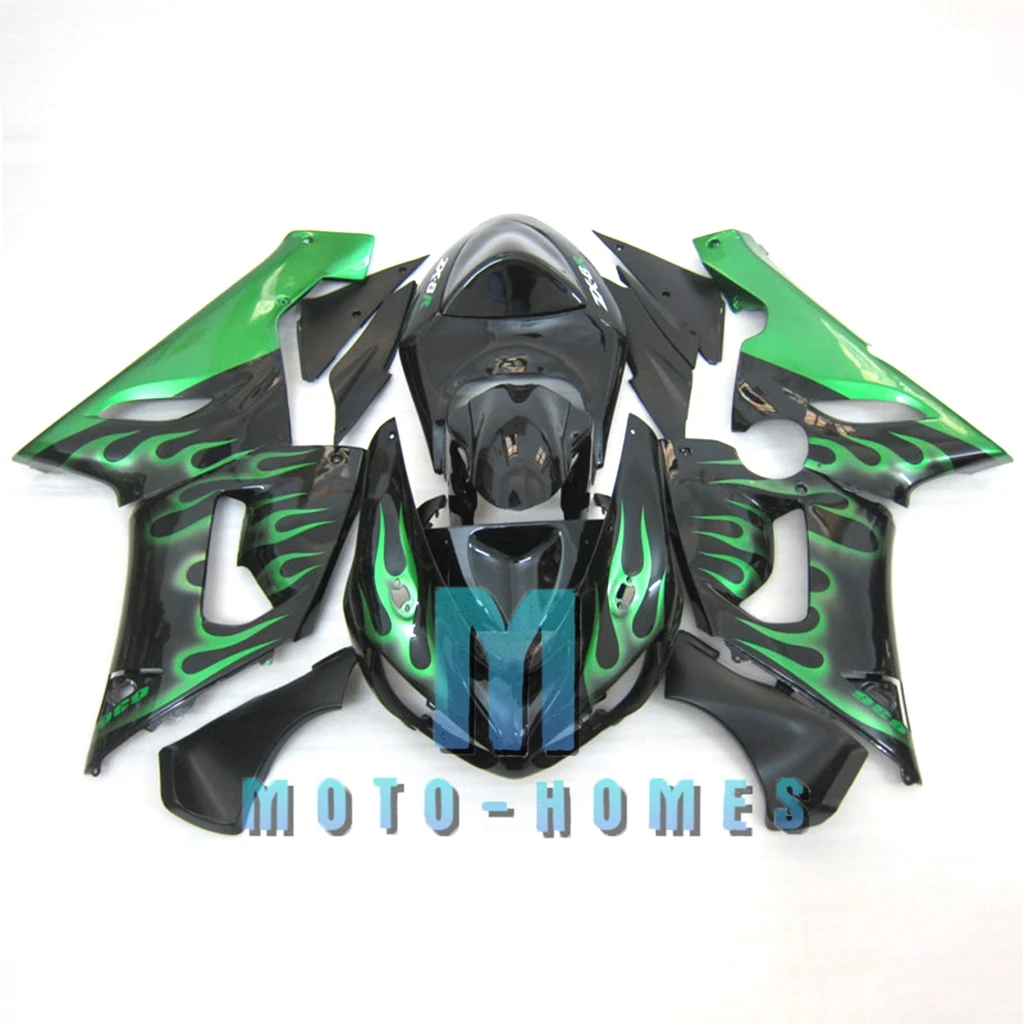 100% Injection Fairing Kit for Kawasaki Ninja ZX6R 05 06 ZX-6R 2005 2006 ZX636 ABS Aftermarket Wrecked Rebuild Bike Green Flames