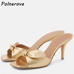 Twist Gold Slippers Square Toe Thin Heels Slip On Solid Leisure Outdoor Slippers Women's Summer Fashion Stiletto Shoes 2025