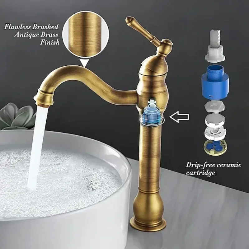 Retro Antique Copper Basin Faucet 360° Swivel Ceramic Single Hole Long Neck Bathroom Mixer Tap With Pop Up Drain Sink Set