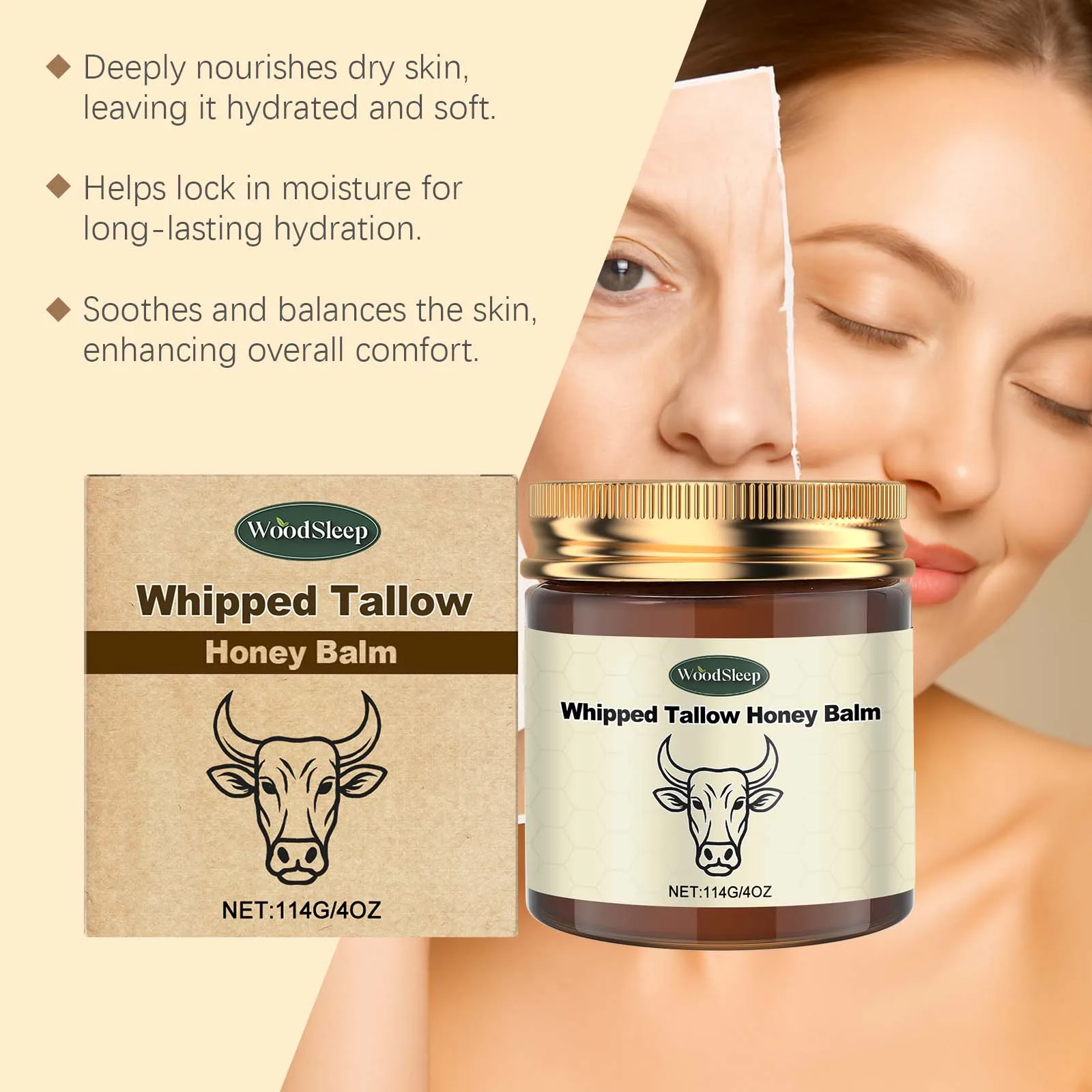 Grass-Fed Beef Tallow Cream Lightweight Whipped Tallow Body Butter For A/W Dry Cracked Sensitive Skin Barrier Body Lotion