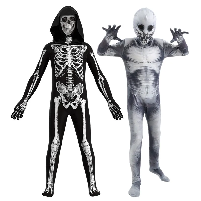 Mens Womens Halloween Skeleton Costume Full Body Jumpsuit with Scary Mask for Party Performance Adult Horror Character Performan