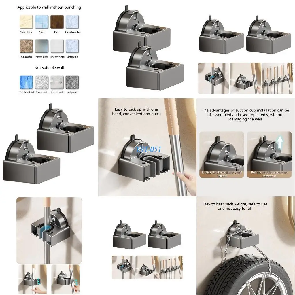 

E15A 2pcs Mop & Brooms Holder Strong Suction Mop Organizers for Kitchen Bathroom Use