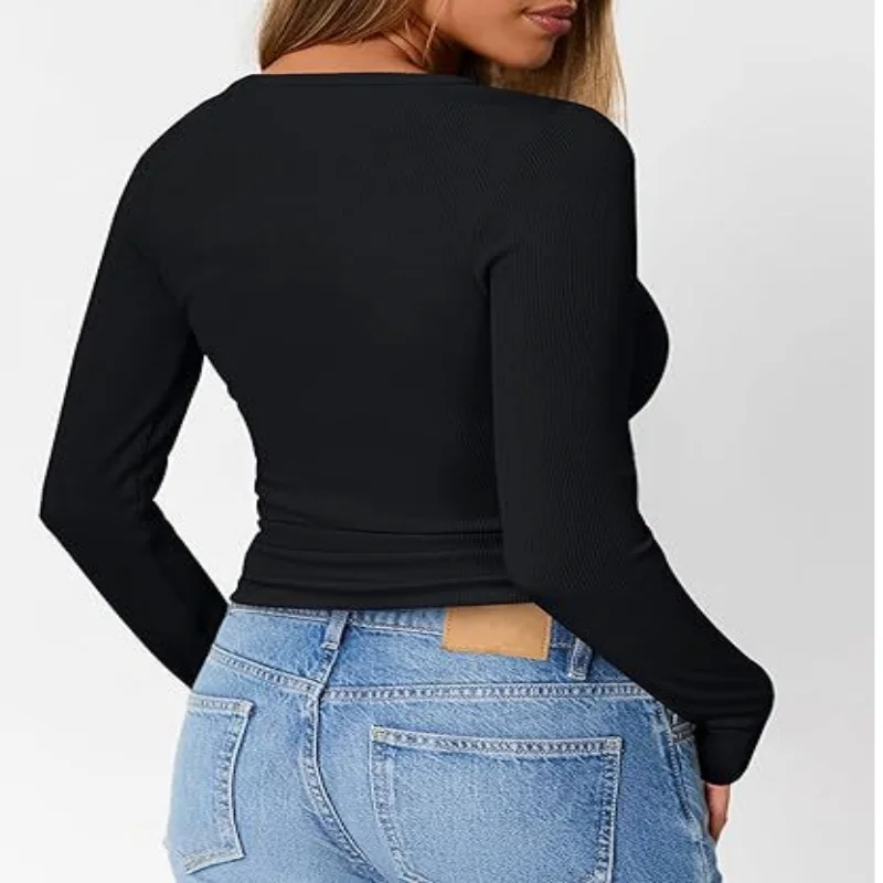 Frauen Herbst Frühling Top O Neck Button Langarm Shirts Einfarbig Slim Fit Pullover T-shirt Bluse Einfache Stil Dame Kostüm – Detail 3