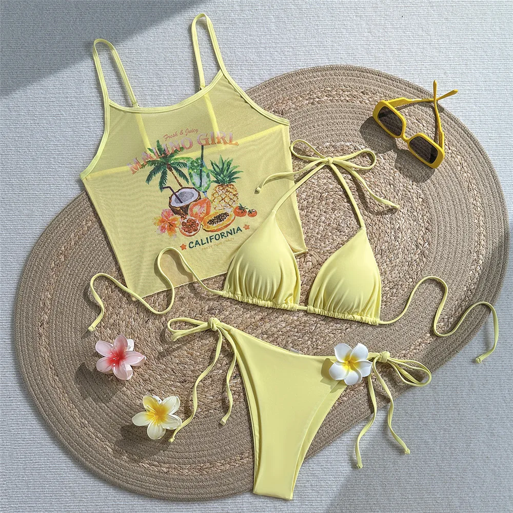 Yellow String Halter Sexy 3 Piece Bikini Set Swimwear Fruit Print Mesh Crop Top Micro Thong Swimsuit 2026 Woman Bikinis De Mujer