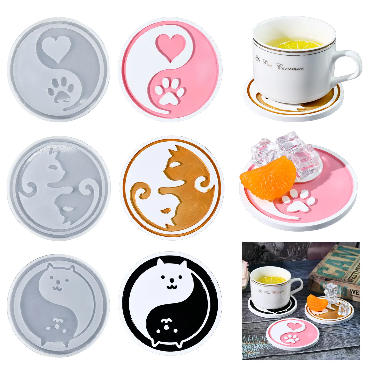 Round Pet Coaster Silicone Mold DIY Epoxy Resin Mold Pet Expression Cat Paw Coaster Mold Cartoon Resin Circular Coaster Handmade