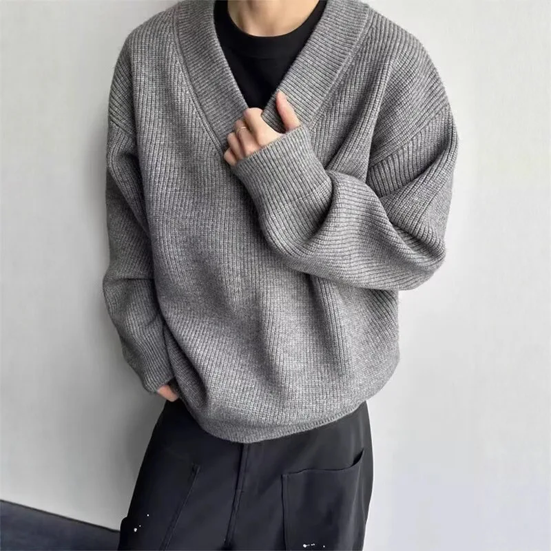 

Retro Men's Loose Knit Sweater V-Neck Fake Two-Piece Casual Pullover Top Solid Color Knit Sweater