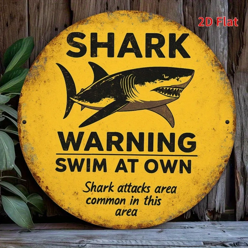2D Flat Printing, a Shark Warning Sign Metal Plaque Design, Suitable for Home, Office, Bedroom Decoration, Coffee Shop Decoratio