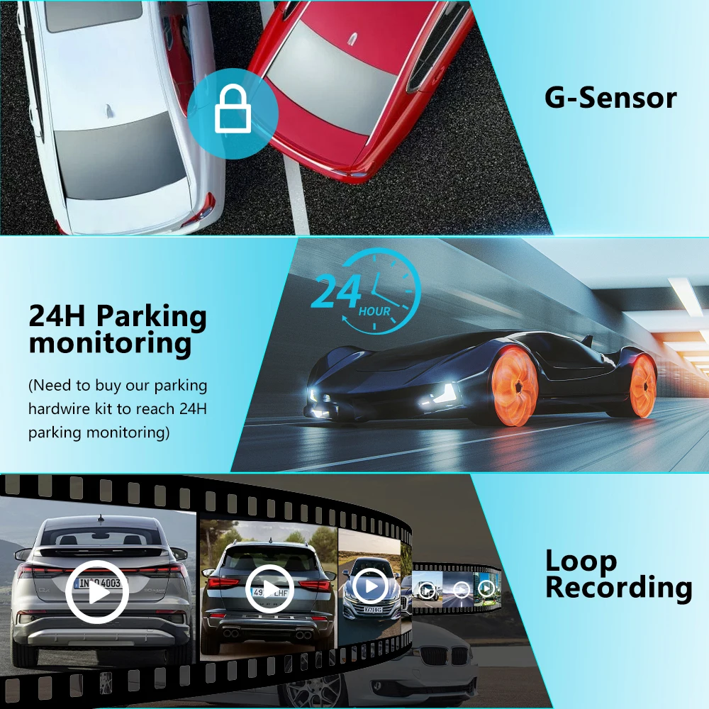 Soybean ZD59 3 Lens Action Camera 3'' 4K Car DVR Video Dashcam Front and Rear WIFI GPS Infrared Night Vision 24H Parking Monitor