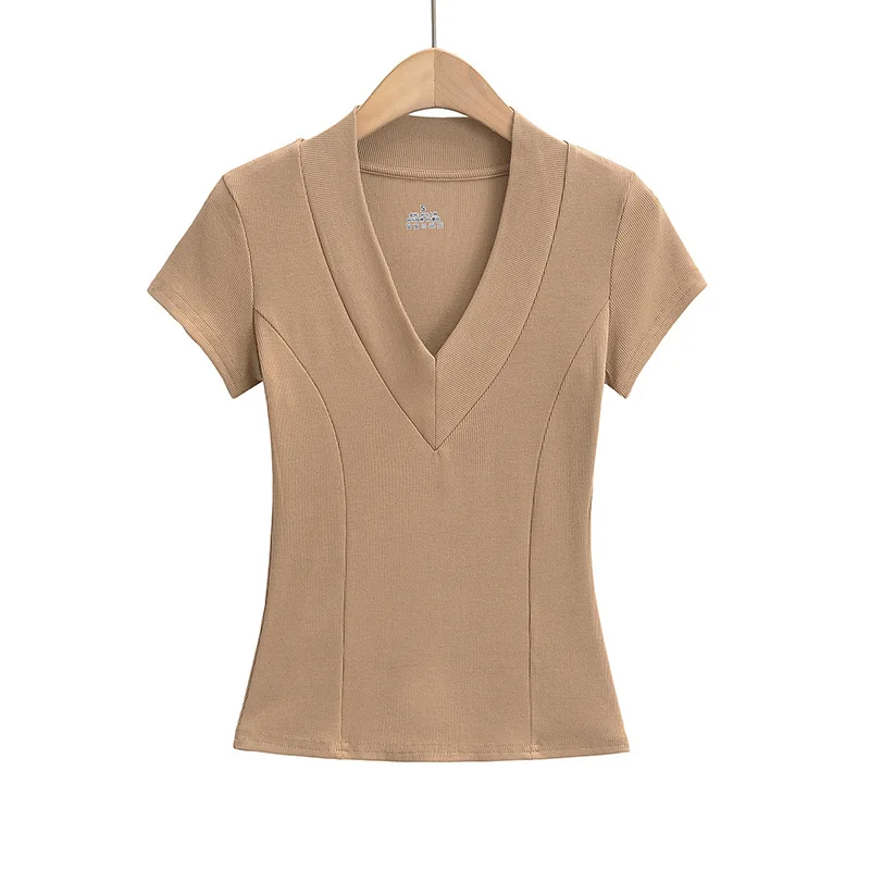 Women New Solid Color Deep V Short Sleeve Tee, Slim Waist Regular Shoulder Basic T-shirt, Figure-Hugging Layering Slim Fit