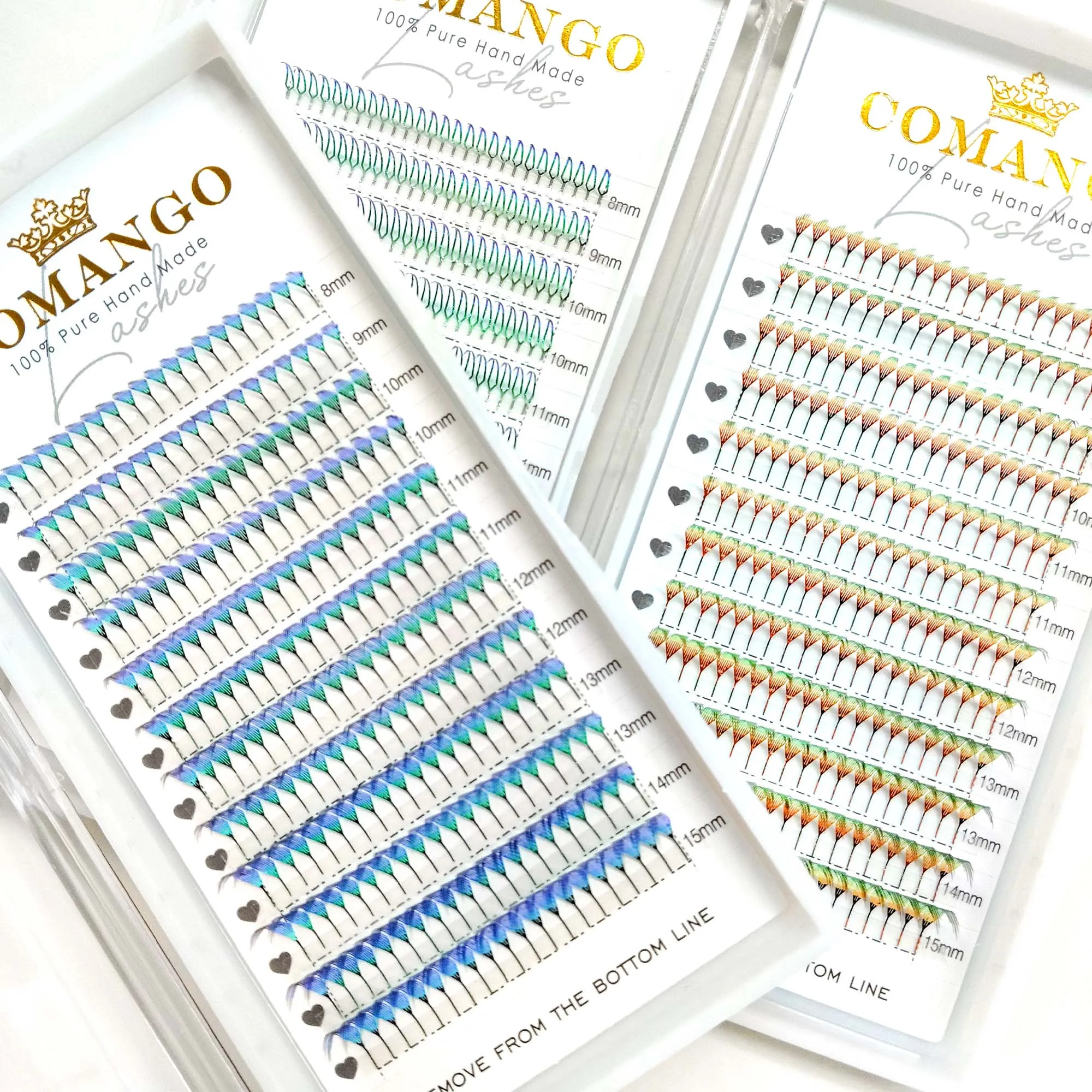 CoMango Extensões de cílios glamourosas Comic Spire, premium, dupla face, coloridas, postiços 0,07mm mix 8-15mm
