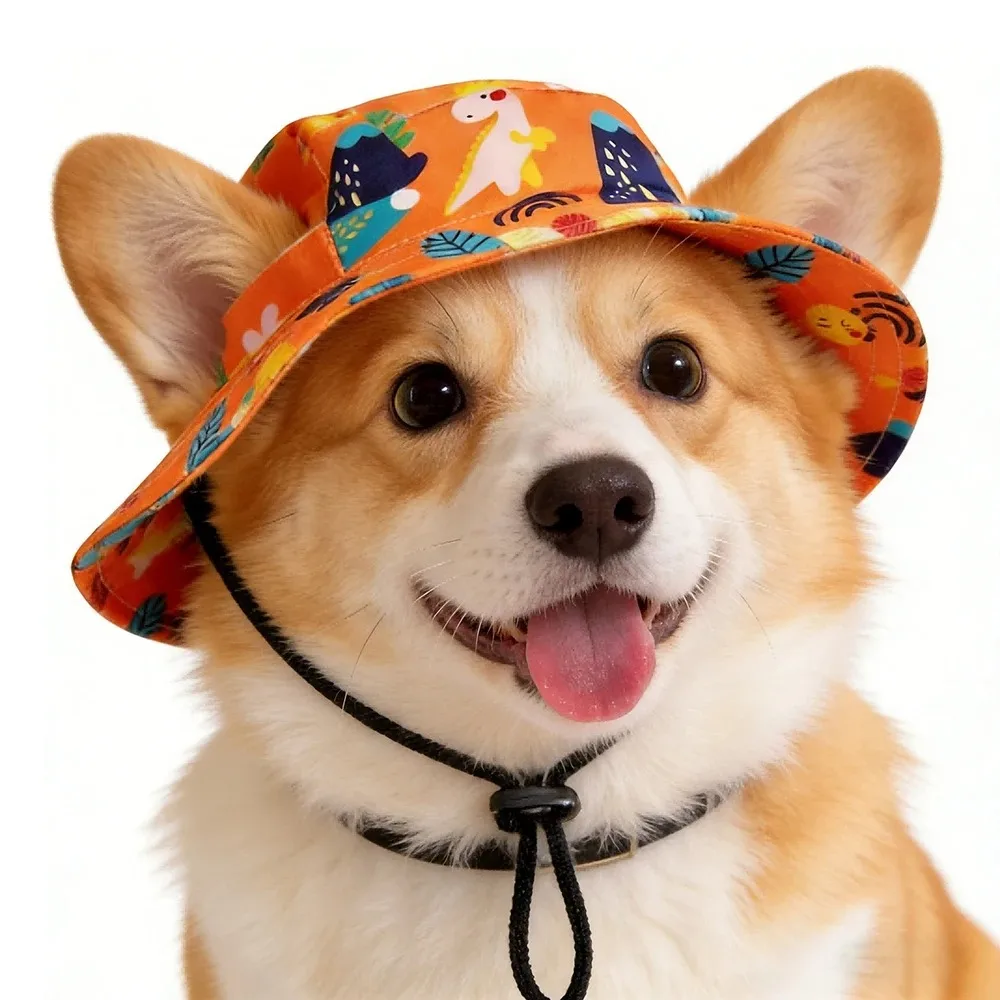 Cute Printed Dog Bucket Hat Adjustable Anti‑drop Chin Strap Pet Sun Hat Outdoor Travel Puppy Caps for Small Medium Dog