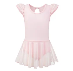 Girls Ballet Leotard for Dance Skirted Dresses with Ruffle Sleeves, Hollow Back, Mesh Hi-low Skirt