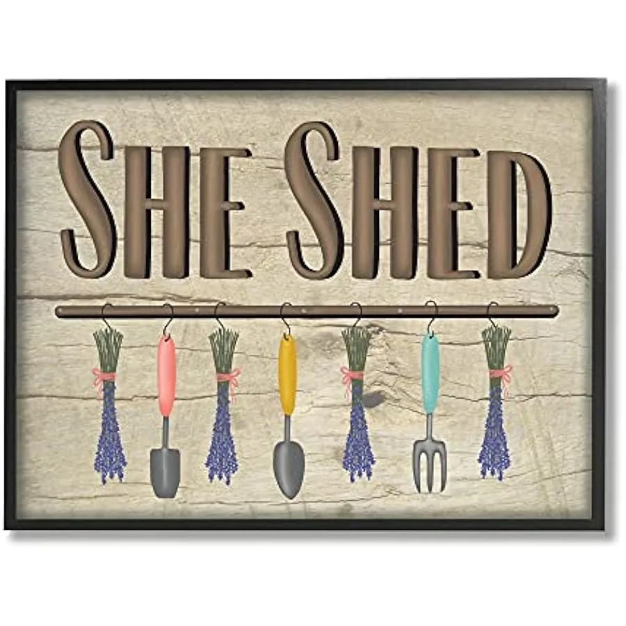 

Stupell Industries Rustic She Shed Фраза Лавандовые пучки Садовые инструменты Разработанные Darlene Seale Настенное искусство в черной рамке 24 x 30