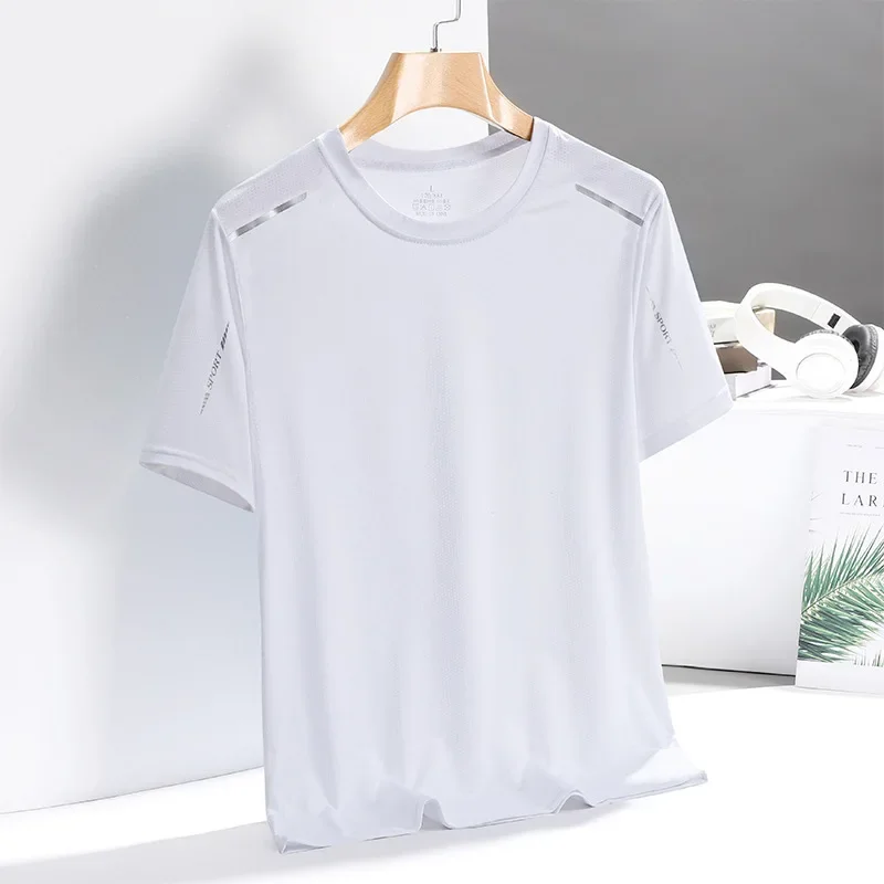 Men's Ice Silk Short Sleeve T-Shirt Solid Color High Elasticity Quick Dry Sports Casual T-Shirt Half Sleeve