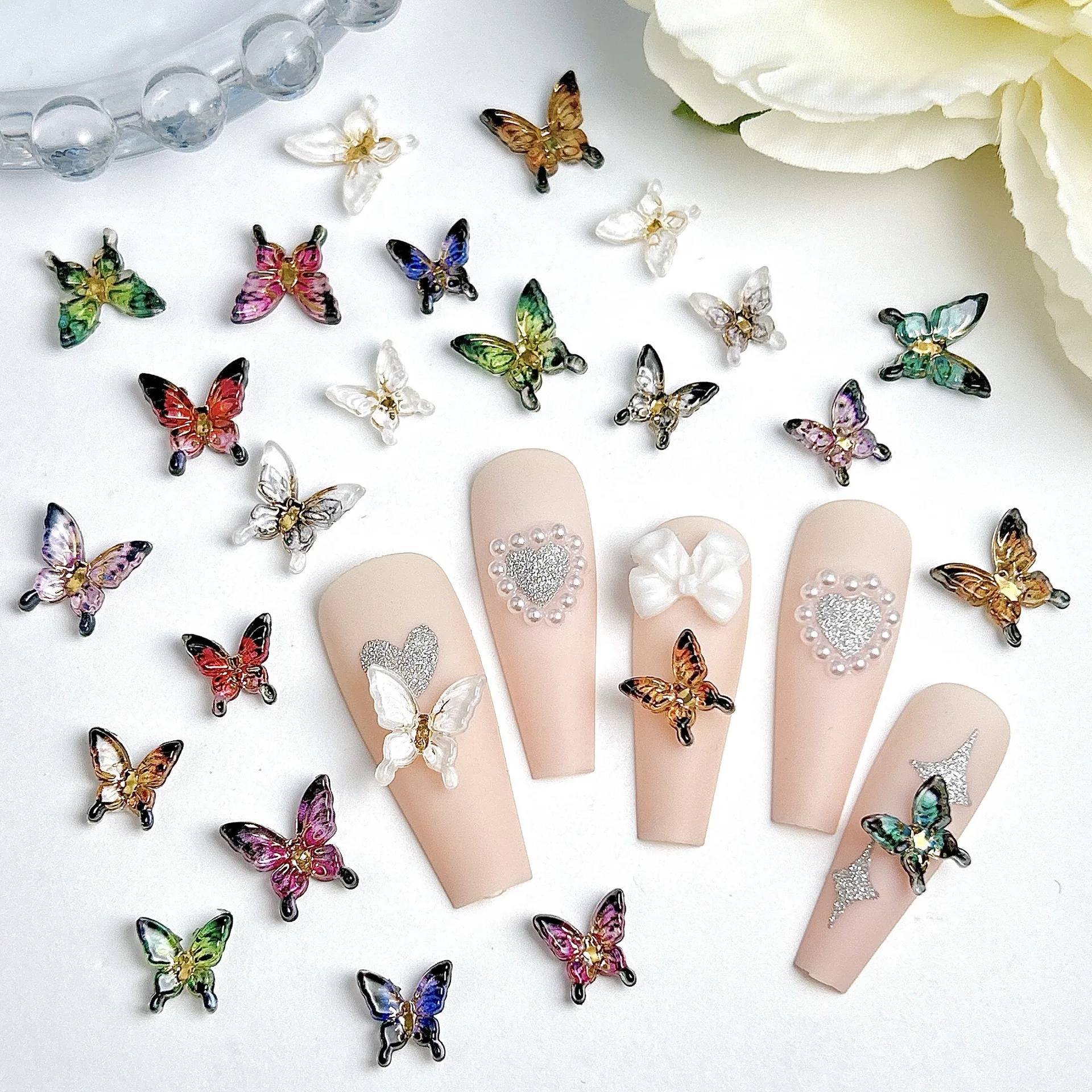 20Pcs Colorful Transparent Butterfly Resin Nail Charms Mini Large Mixed Size Gradient 3D Decorations Nail Manicure Supplies