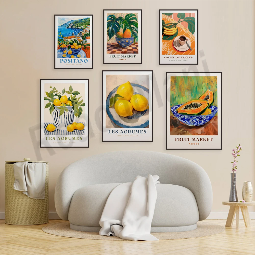 Fruit market papaya, mango, italian lemon, positano print, amalfi coast, coffee lovers club poster, food art kitchen poster