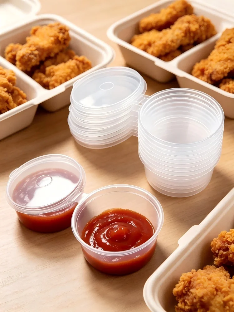 50pcs Disposable Sauce Boxes, Multi-capacity Condiment Cups with Lids, Transparent Plastic Integrated Dressing Takeaway Boxes,