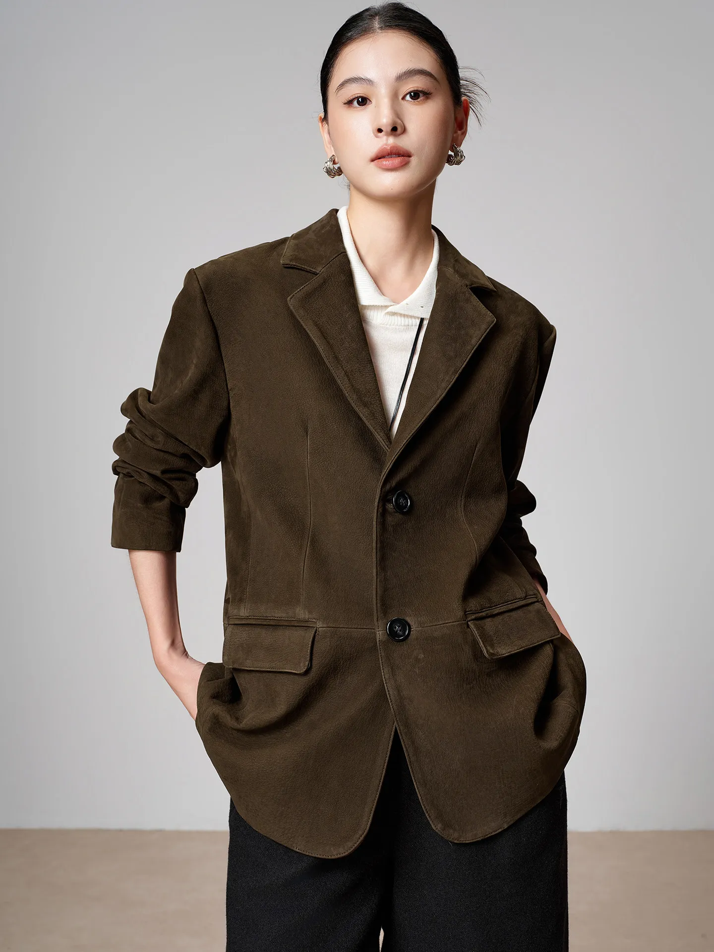 

Vintage Genuine Leather Blazer Jackets for Women Spring Autumn 2026 New High-end Simple Classic Deer Texture Real Goatskin Coat