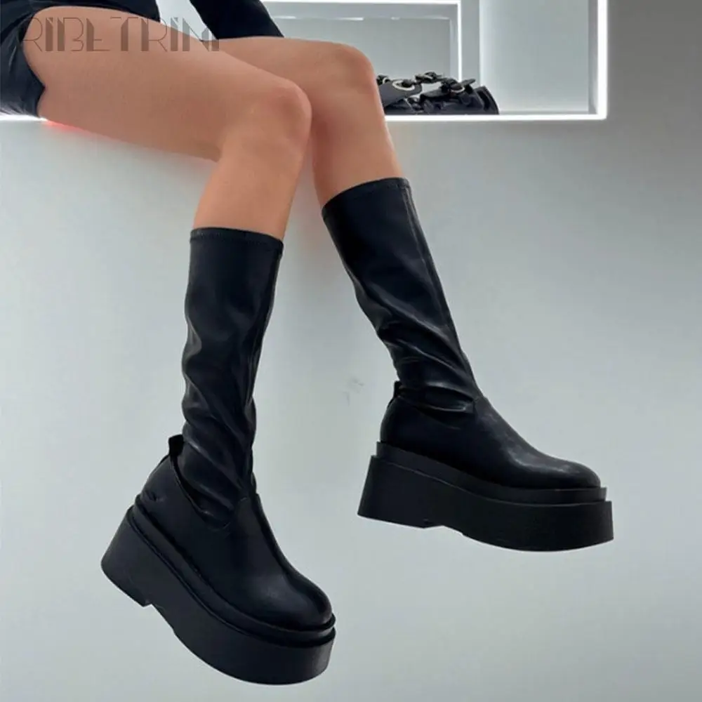 Punk Goth Block High Heels Platform Women Motorcycle Boots Shoes Luxury Fashion Design Brand Cool Casual Stylish Women Boots