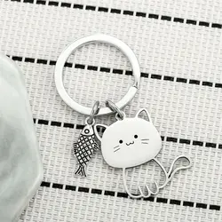 Funny Stainless Steel Cat Fish Keychain Couple Lovers Key Holder Cat Key Ring Pendant Animal Kittens Keychain Bag Charm