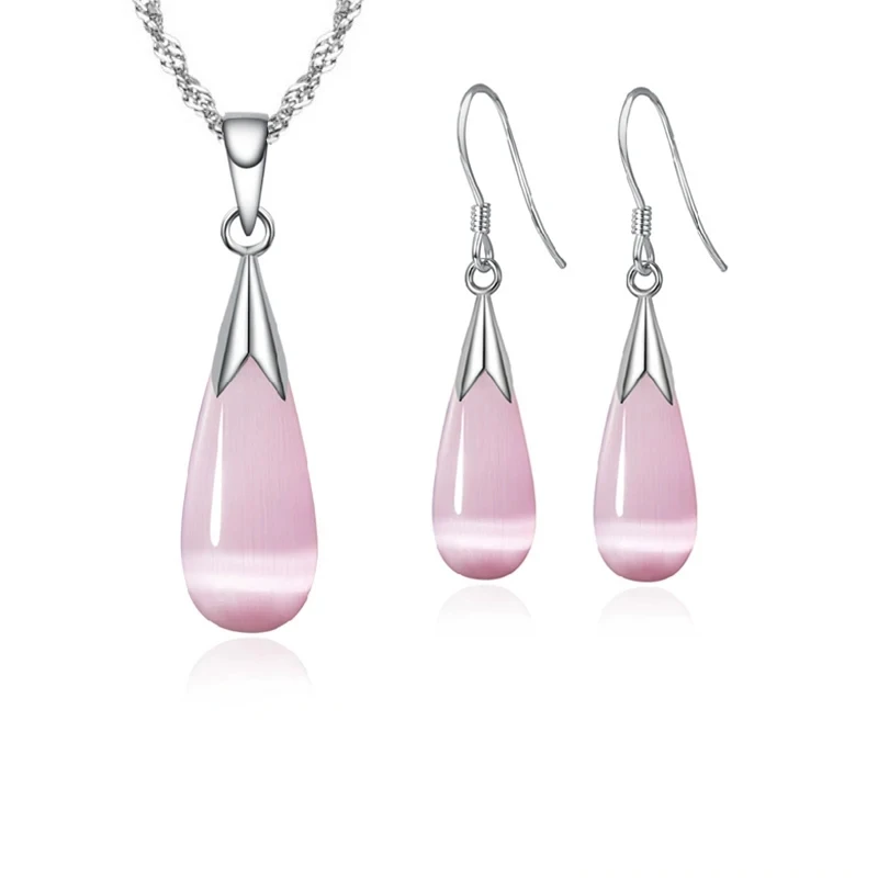 

925 Sterling Silver Jewelry Set Elegant Water Drop Opal Cat Eye Stone Pendant Necklace Hook Earring Set for Women Trendy Jewelry