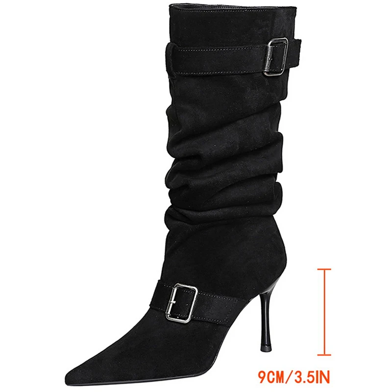 

2026 Pointed Women Mid-Calf Boots Pleated Belt buckle design Women Boots Stiletto Heels 9 cm sexy high-heeled Boot