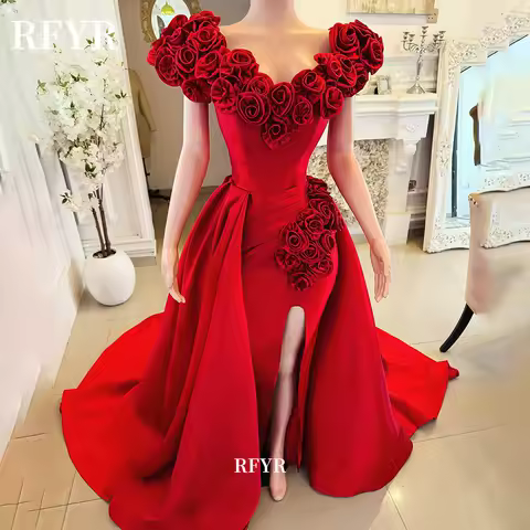 RFYR Off Shoulder Evening Dress A-Line Prom Dress 3D Flowers Embroidery Satin High Slit Celebrity Gala Dresses Customized
