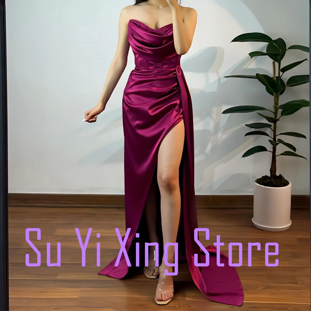 Boat Neck Zipper Back Sleeveless Satin Floor Length Straight Front Slit Temperament and Exquisite Strapless Evening Dress 2024