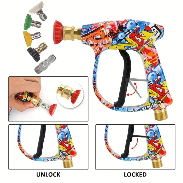 Hochdruck-Wasserpistole im Graffiti-Design, 4350 PSI, 1 l Schaumstoffpistole, 1/4 Zoll Schnelldüsen-Set mit Karcher-Adapter und rutschfester Gummibasis – Detail 6