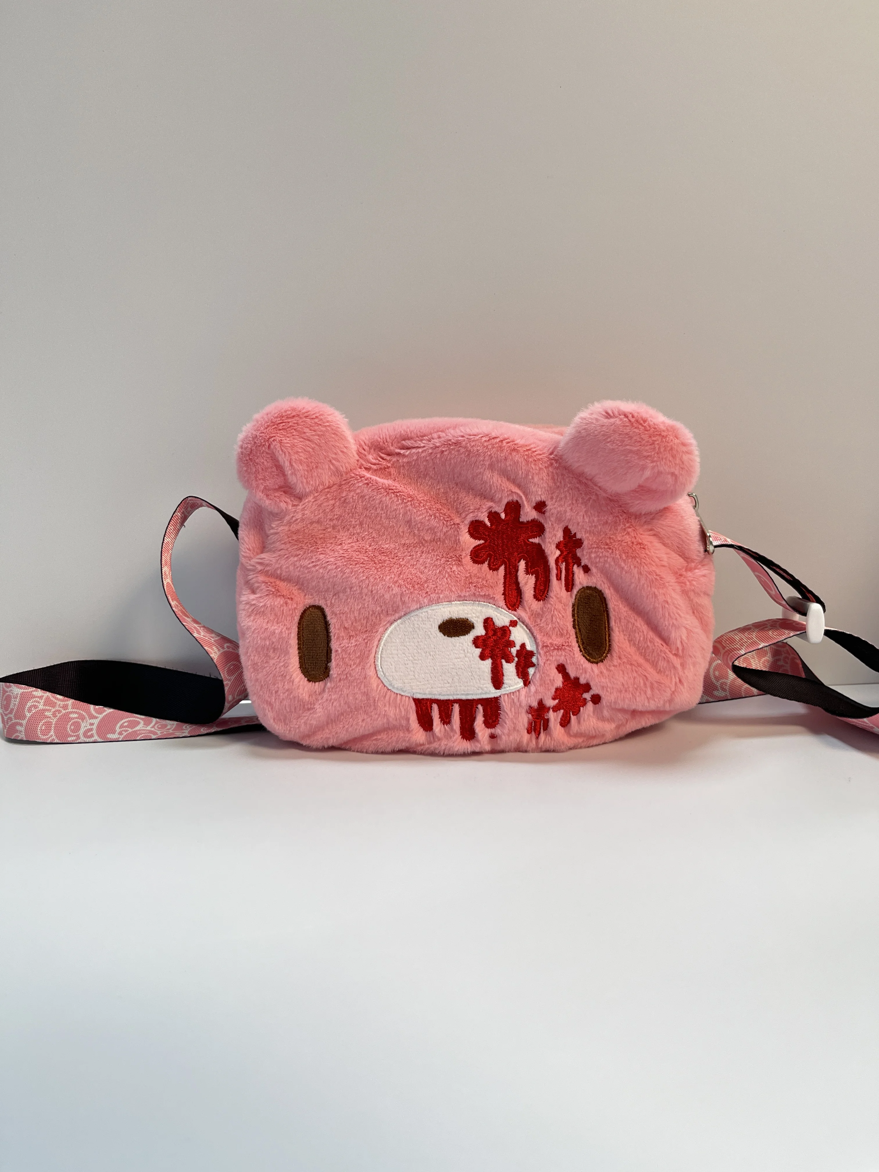 Pastel Goth Pink Bear Plush Crossbody Bag,Kawaii Dark Style Bloody Embroidered Shoulder Bag,Unique Y2K Alt Fashion Accessory