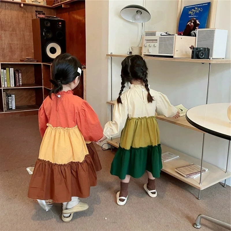 Girl's Spring-autumn Color-block Long-sleeve Dress 2026 New Collection Fashionable Cute Baby Girl Casual Children's Clothing