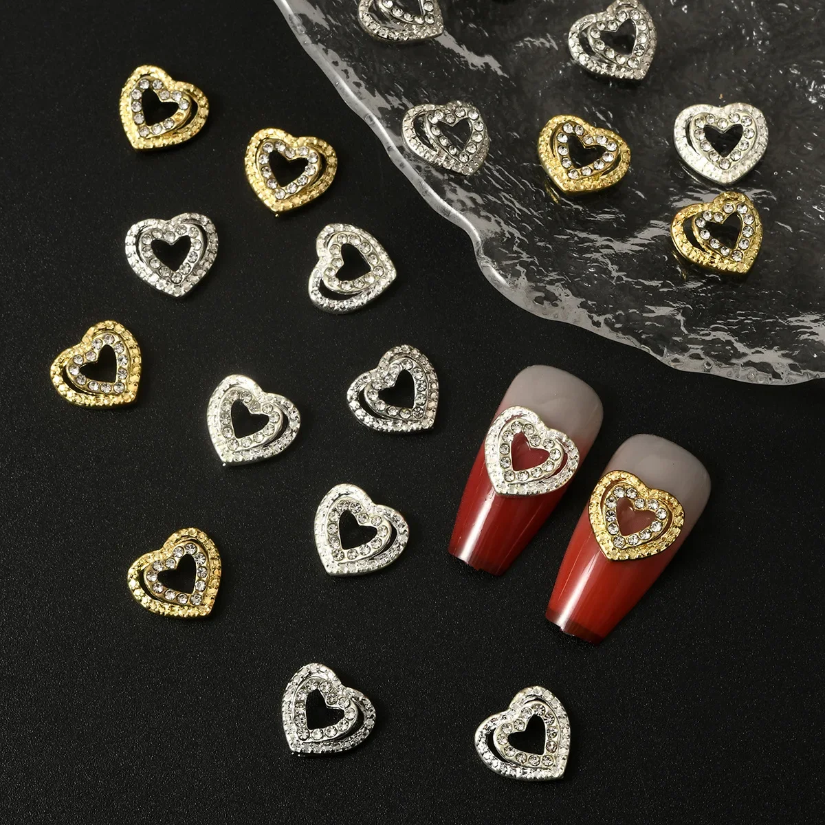 10Pcs Vintage Luxury Nail Decor with Diamonds Shiny Heart Nail Art Accessories Charms