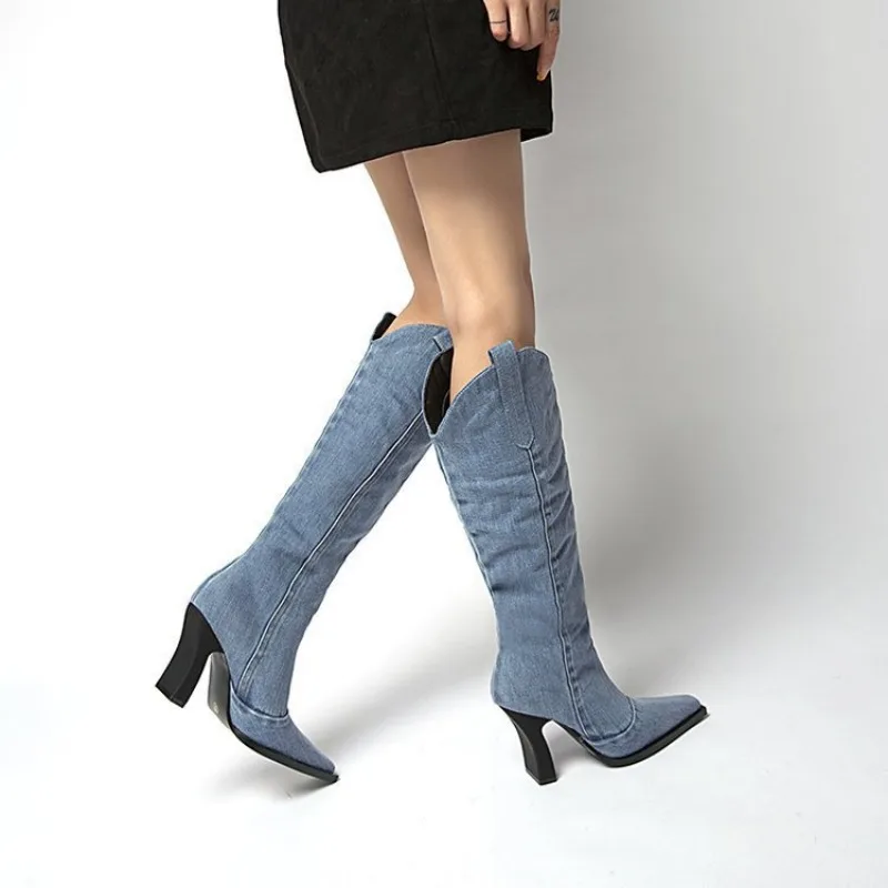 New Winter Autumn Denim Women Western Cowboy Boots Fashion Slip On Ladies Eelgant Long Boots Thick High Heel Boots Ladies Shoes