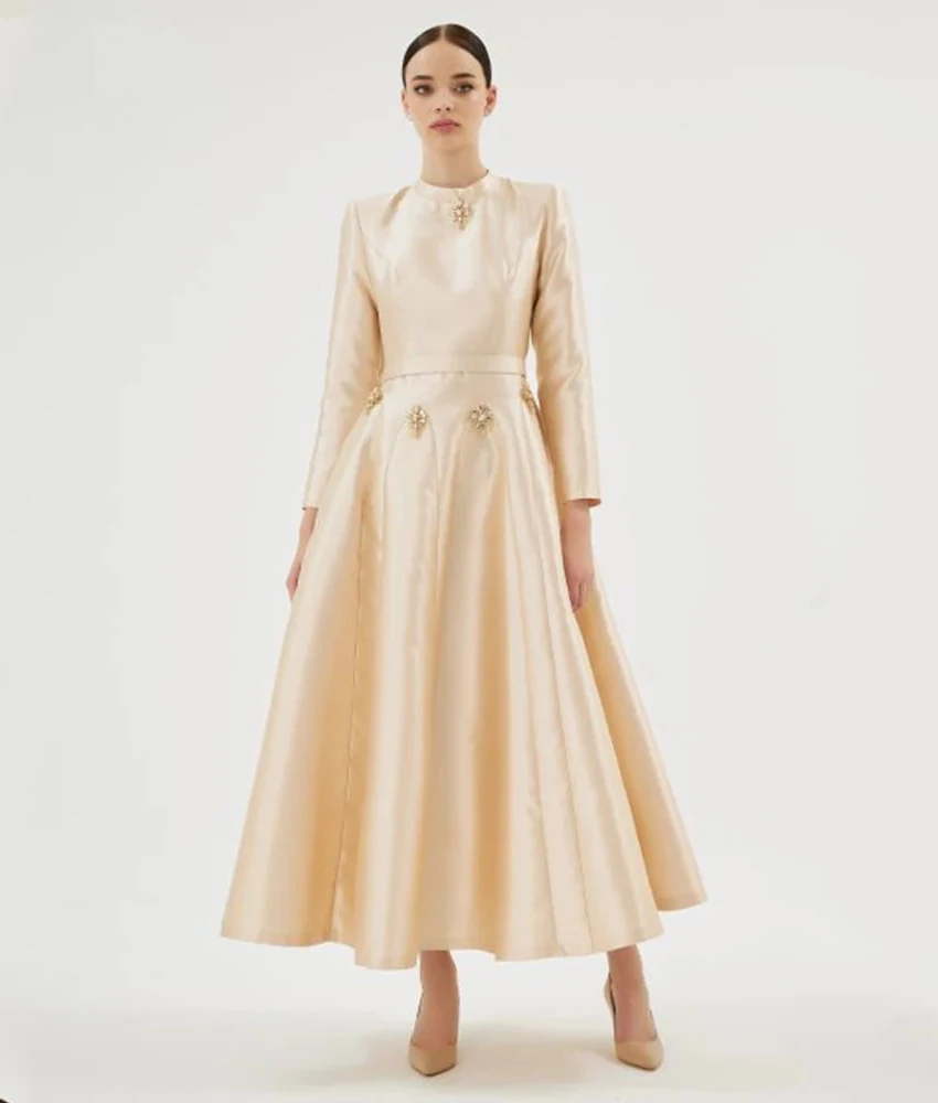 

MCDV Customized Graceful Satin A-Line Crystal Evening Dress High Quality High Collar Long Sleeves Ankle Length Celebrity Gowns