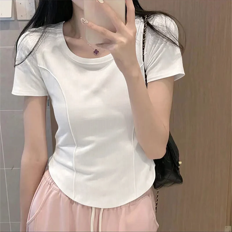 Summer New Style Women's T-shirt Casual Thread Short Sleeve Fishbone Pattern Versatile Bottoming Shirt Breathable Skin-friendly